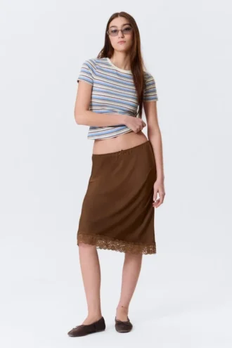 Satin Lace Midi Skirt – Dark Brown