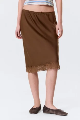 Satin Lace Midi Skirt – Dark Brown