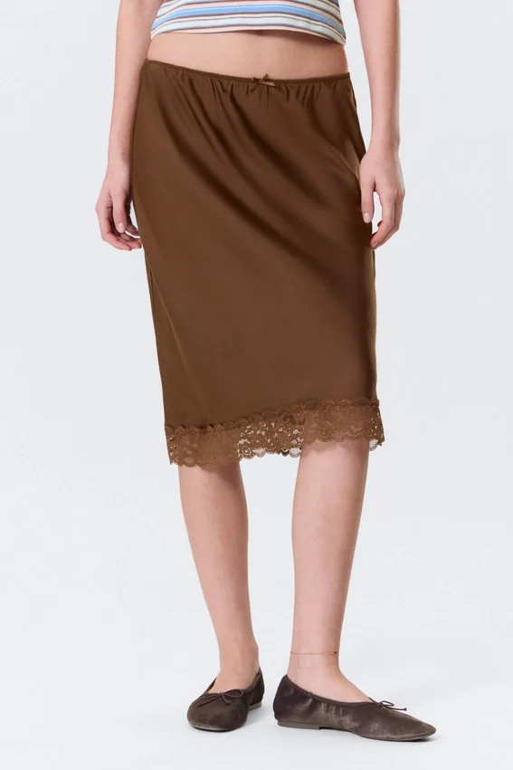 Satin Lace Midi Skirt – Dark Brown Satin Lace Midi Skirt – Dark Brown