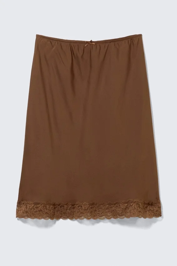 Satin Lace Midi Skirt – Dark Brown Satin Lace Midi Skirt – Dark Brown