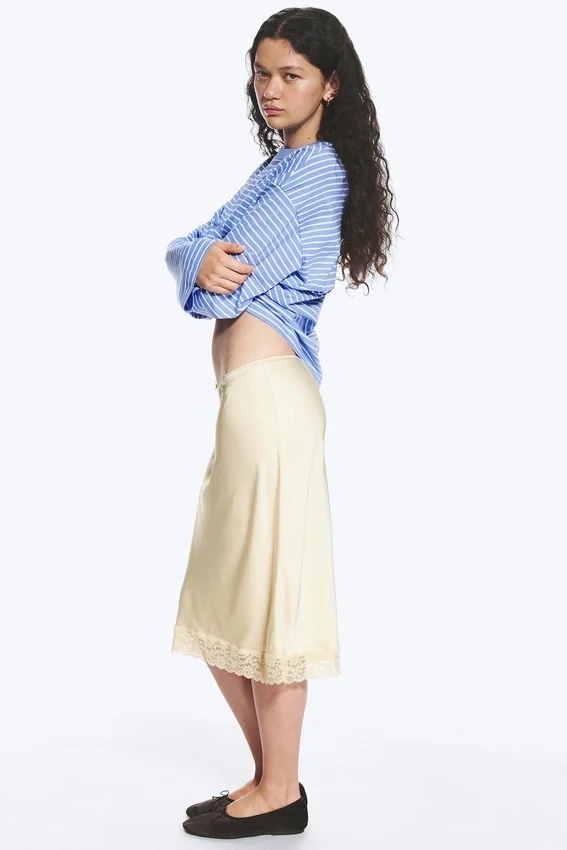 Satin Lace Midi Skirt – Light Dusty Beige Satin Lace Midi Skirt – Light Dusty Beige