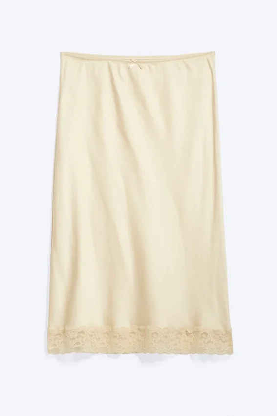 Satin Lace Midi Skirt – Light Dusty Beige Satin Lace Midi Skirt – Light Dusty Beige