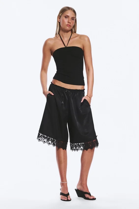 Satin Lace Shorts – Black Satin Lace Shorts – Black