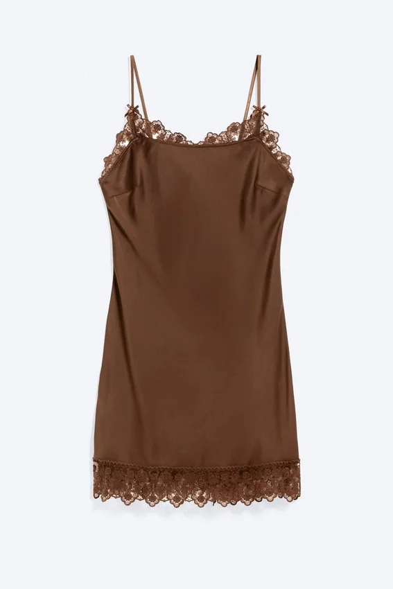 Satin Lace-Trim Slip-Dress – Dark Brown Satin Lace-Trim Slip-Dress – Dark Brown