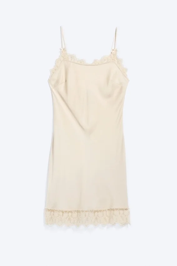 Satin Lace-Trim Slip-Dress – Light Dusty Beige Satin Lace-Trim Slip-Dress – Light Dusty Beige