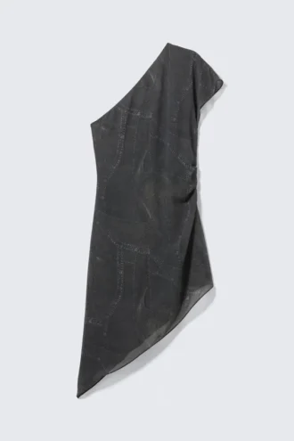 Satin One-Shoulder Mini Dress – Dark Grey