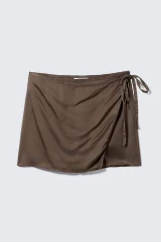 Satin Wrap Mini Skirt – Dark Brown