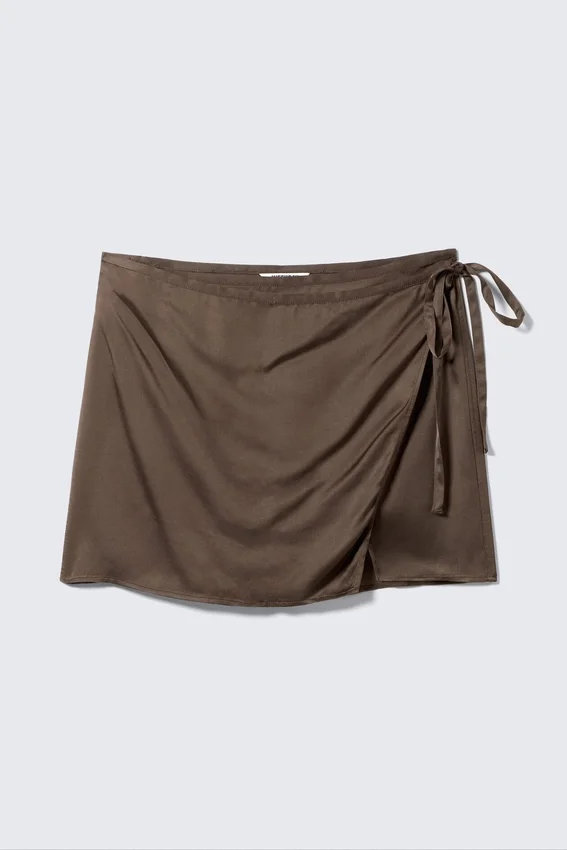 Satin Wrap Mini Skirt – Dark Brown Satin Wrap Mini Skirt – Dark Brown