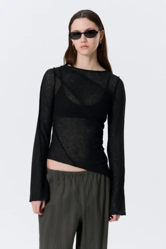 Sheer Asymmetric Boat-Neck Top – Black