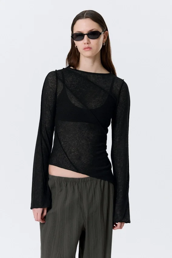Sheer Asymmetric Boat-Neck Top – Black Sheer Asymmetric Boat-Neck Top – Black