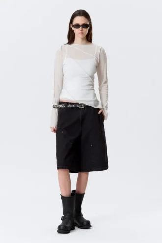 Sheer Asymmetric Boat-Neck Top – Light Beige