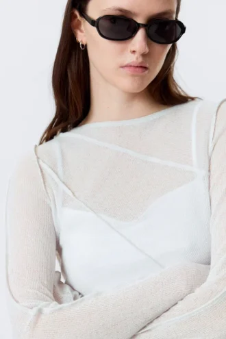 Sheer Asymmetric Boat-Neck Top – Light Beige