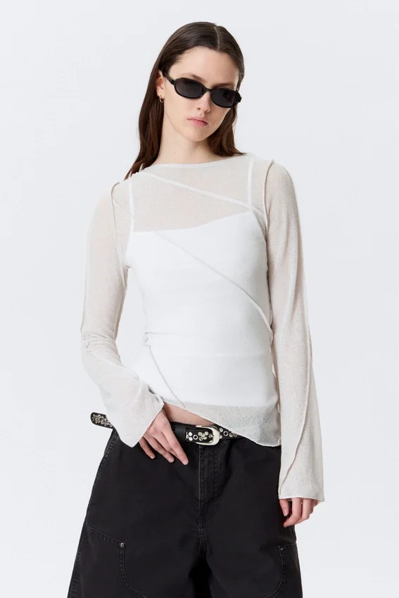 Sheer Asymmetric Boat-Neck Top – Light Beige Sheer Asymmetric Boat-Neck Top – Light Beige