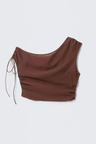 Sheer Asymmetric Drawstring Top – Brown