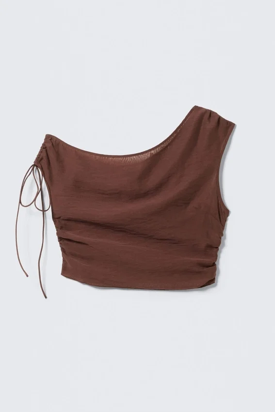 Sheer Asymmetric Drawstring Top – Brown Sheer Asymmetric Drawstring Top – Brown