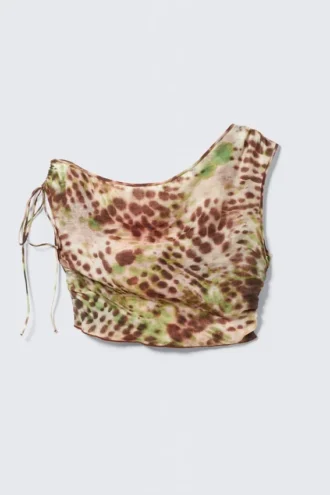Sheer Asymmetric Drawstring Top – Brown & Green Floral Dots