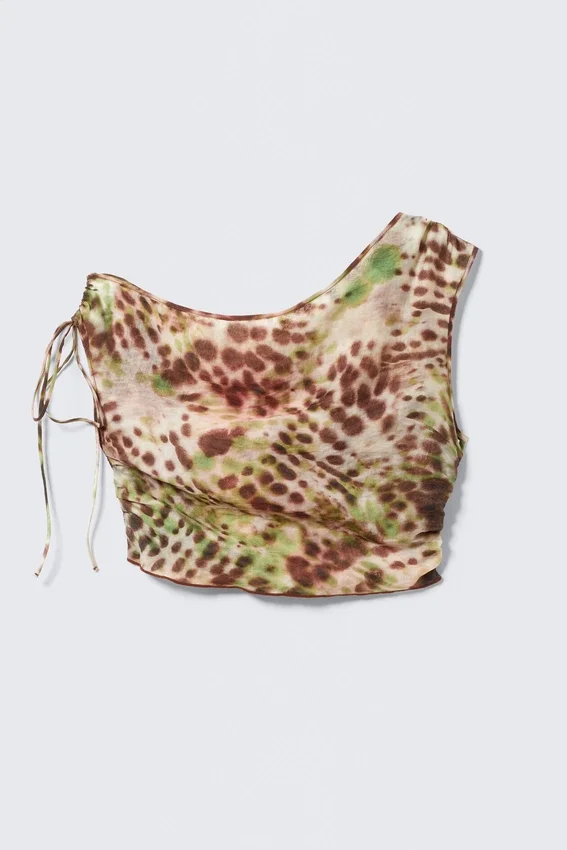 Sheer Asymmetric Drawstring Top – Brown & Green Floral Dots Sheer Asymmetric Drawstring Top – Brown & Green Floral Dots