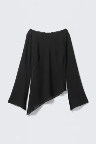Sheer Asymmetric Long-Sleeved Blouse – Black