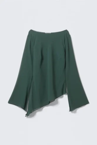 Sheer Asymmetric Long-Sleeved Blouse – Petrol