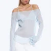 Sheer Boat-Neck Flared Sleeve Blouse – Light Dusty Blue Sheer Boat-Neck Flared Sleeve Blouse – Light Dusty Blue