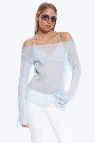 Sheer Boat-Neck Flared Sleeve Blouse – Light Dusty Blue