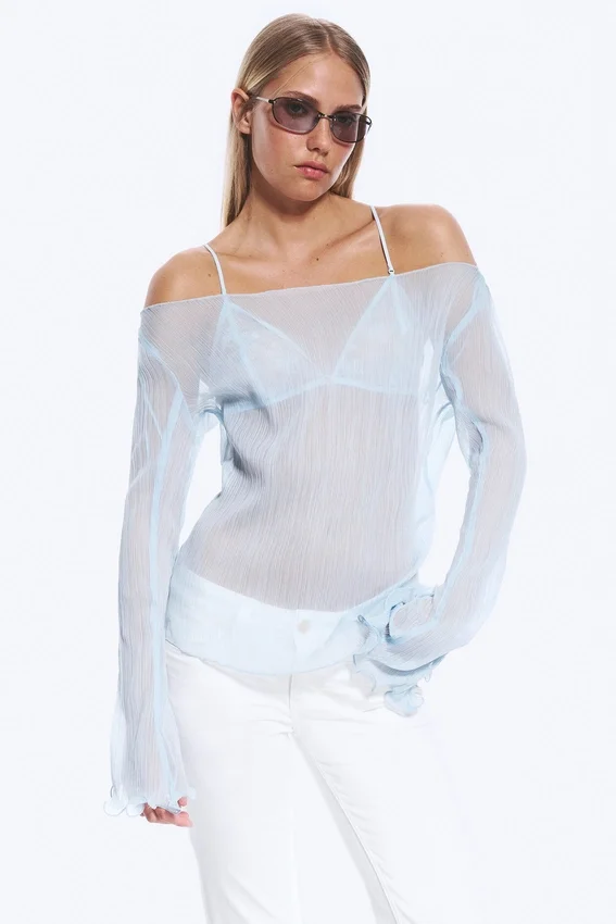 Sheer Boat-Neck Flared Sleeve Blouse – Light Dusty Blue Sheer Boat-Neck Flared Sleeve Blouse – Light Dusty Blue