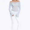Sheer Boat-Neck Flared Sleeve Blouse – Light Dusty Blue Sheer Boat-Neck Flared Sleeve Blouse – Light Dusty Blue