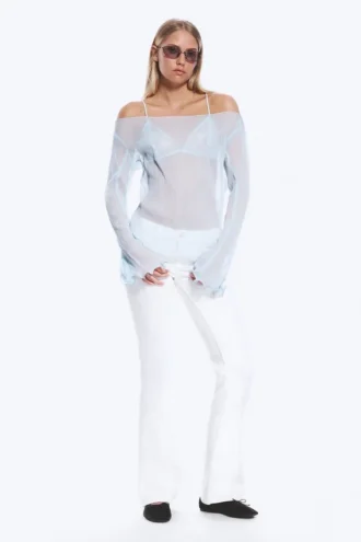 Sheer Boat-Neck Flared Sleeve Blouse – Light Dusty Blue