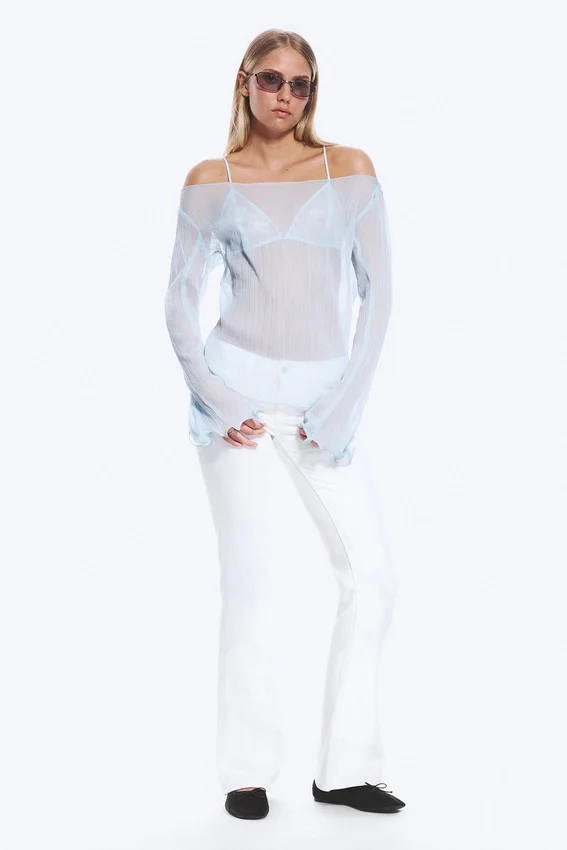 Sheer Boat-Neck Flared Sleeve Blouse – Light Dusty Blue Sheer Boat-Neck Flared Sleeve Blouse – Light Dusty Blue