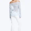 Sheer Boat-Neck Flared Sleeve Blouse – Light Dusty Blue Sheer Boat-Neck Flared Sleeve Blouse – Light Dusty Blue