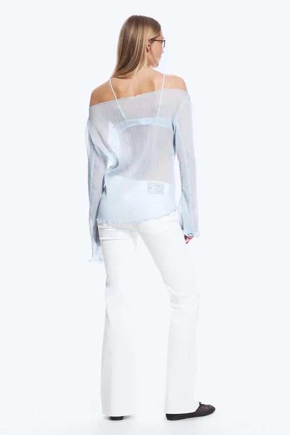 Sheer Boat-Neck Flared Sleeve Blouse – Light Dusty Blue Sheer Boat-Neck Flared Sleeve Blouse – Light Dusty Blue