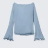 Sheer Boat-Neck Flared Sleeve Blouse – Light Dusty Blue Sheer Boat-Neck Flared Sleeve Blouse – Light Dusty Blue