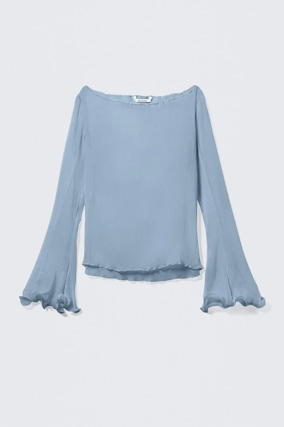 Sheer Boat-Neck Flared Sleeve Blouse – Light Dusty Blue Sheer Boat-Neck Flared Sleeve Blouse – Light Dusty Blue