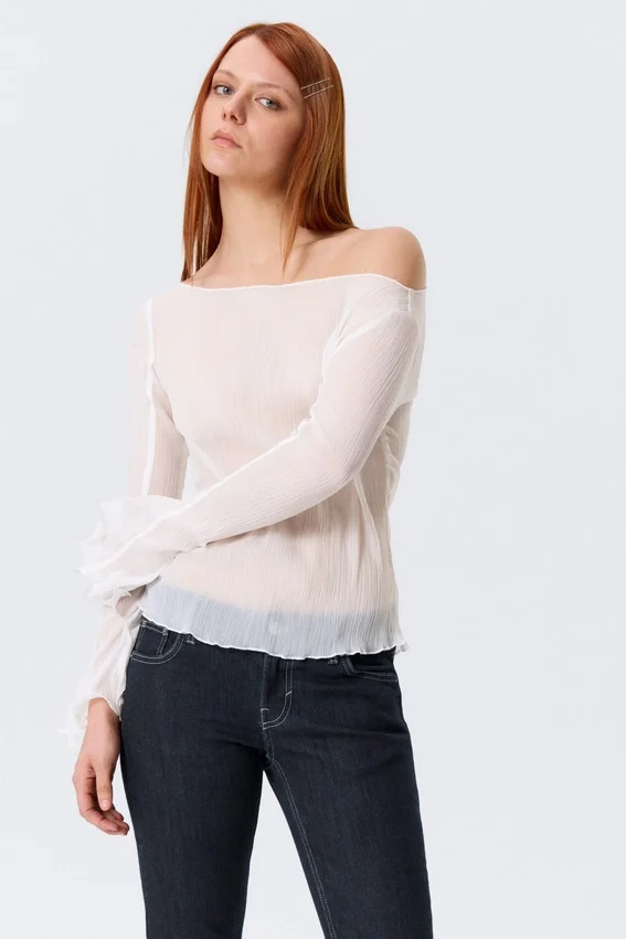 Sheer Boat-Neck Flared Sleeve Blouse – White Sheer Boat-Neck Flared Sleeve Blouse – White