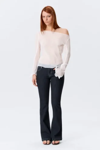 Sheer Boat-Neck Flared Sleeve Blouse – White