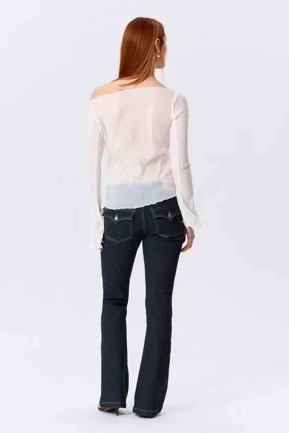 Sheer Boat-Neck Flared Sleeve Blouse – White Sheer Boat-Neck Flared Sleeve Blouse – White