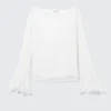 Sheer Boat-Neck Flared Sleeve Blouse – White Sheer Boat-Neck Flared Sleeve Blouse – White