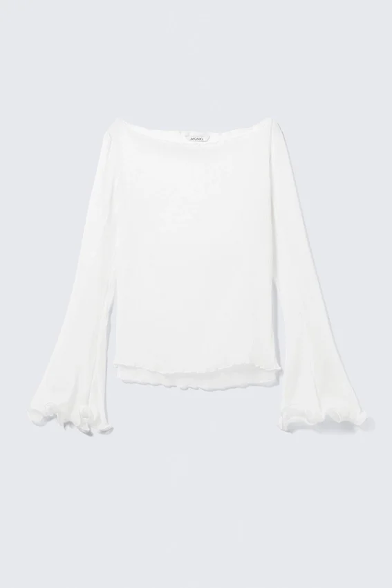 Sheer Boat-Neck Flared Sleeve Blouse – White Sheer Boat-Neck Flared Sleeve Blouse – White