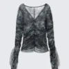 Sheer Gathered Mesh Top – Black Baroque Print Sheer Gathered Mesh Top – Black Baroque Print