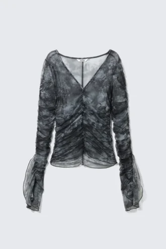 Sheer Gathered Mesh Top – Black Baroque Print