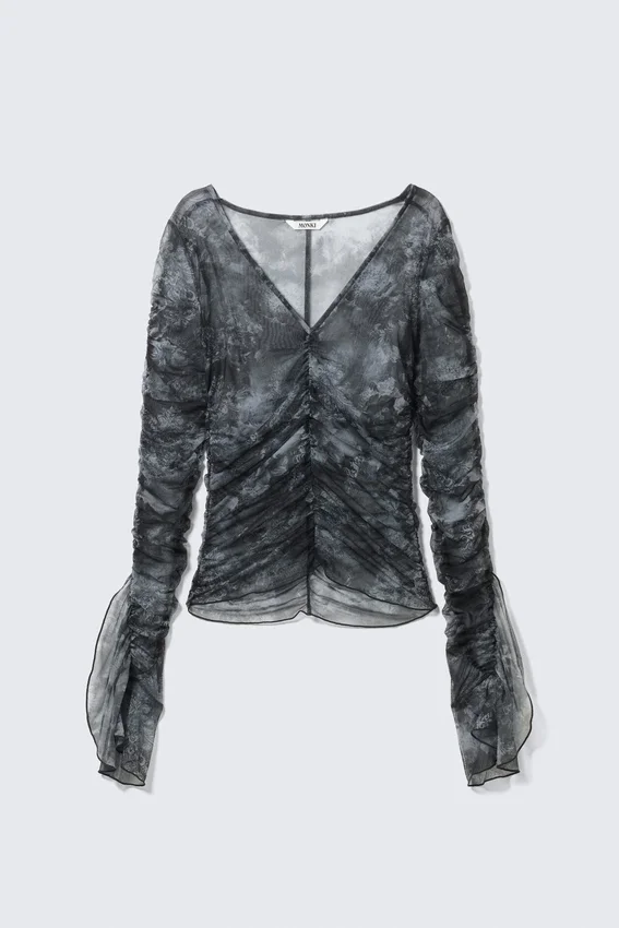 Sheer Gathered Mesh Top – Black Baroque Print Sheer Gathered Mesh Top – Black Baroque Print