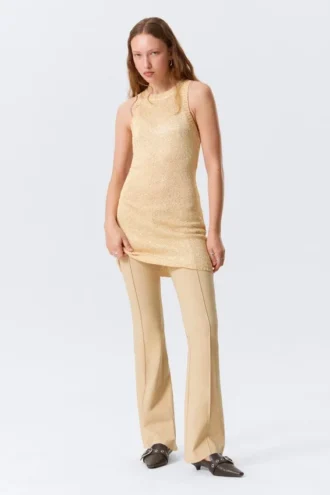 Sheer Knitted Sequined Mini Dress – Golden Beige