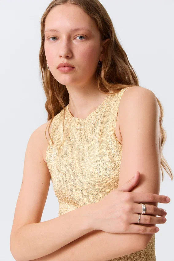 Sheer Knitted Sequined Mini Dress – Golden Beige Sheer Knitted Sequined Mini Dress – Golden Beige