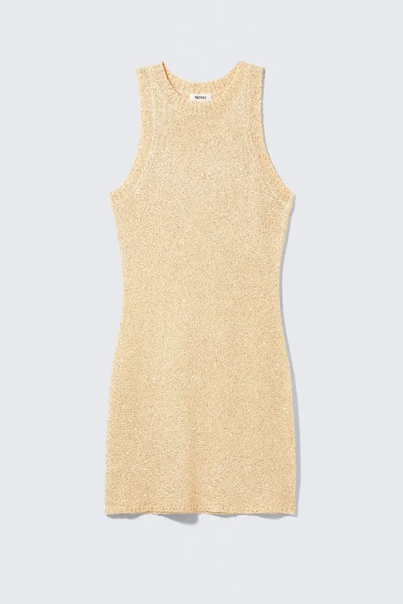 Sheer Knitted Sequined Mini Dress – Golden Beige Sheer Knitted Sequined Mini Dress – Golden Beige