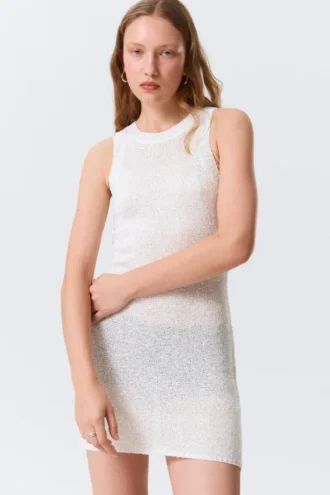 Sheer Knitted Sequined Mini Dress – Silver