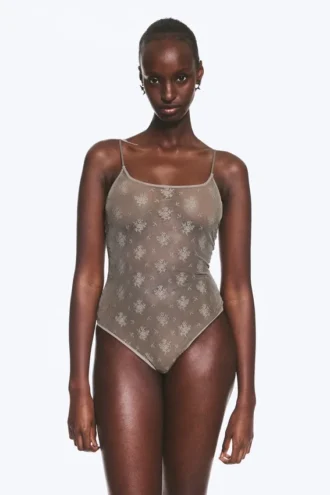 Sheer Lace Low‑Back Bodysuit – Transparent Dusty Grey