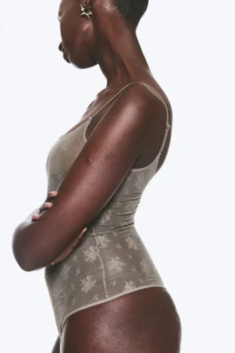 Sheer Lace Low‑Back Bodysuit – Transparent Dusty Grey