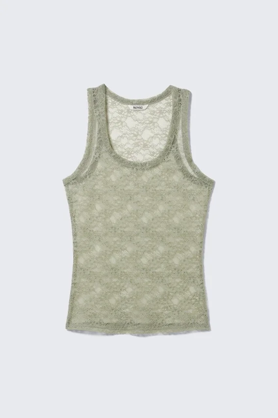 Sheer Lace Sleeveless Tank Top – Khaki Green Sheer Lace Sleeveless Tank Top – Khaki Green
