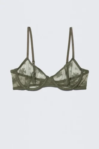 Sheer Lace Underwire Bra – Dark Khaki Green