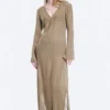 Sheer Long-Sleeved V-Neck Maxi Dress – Beige Sheer Long-Sleeved V-Neck Maxi Dress – Beige